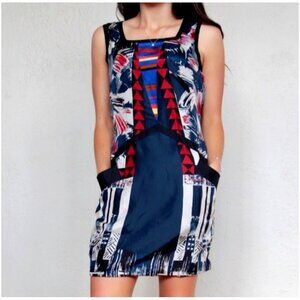 Twelve By Twelve 100% Silk Sleeveless Lined Dress M Red Blue Mod